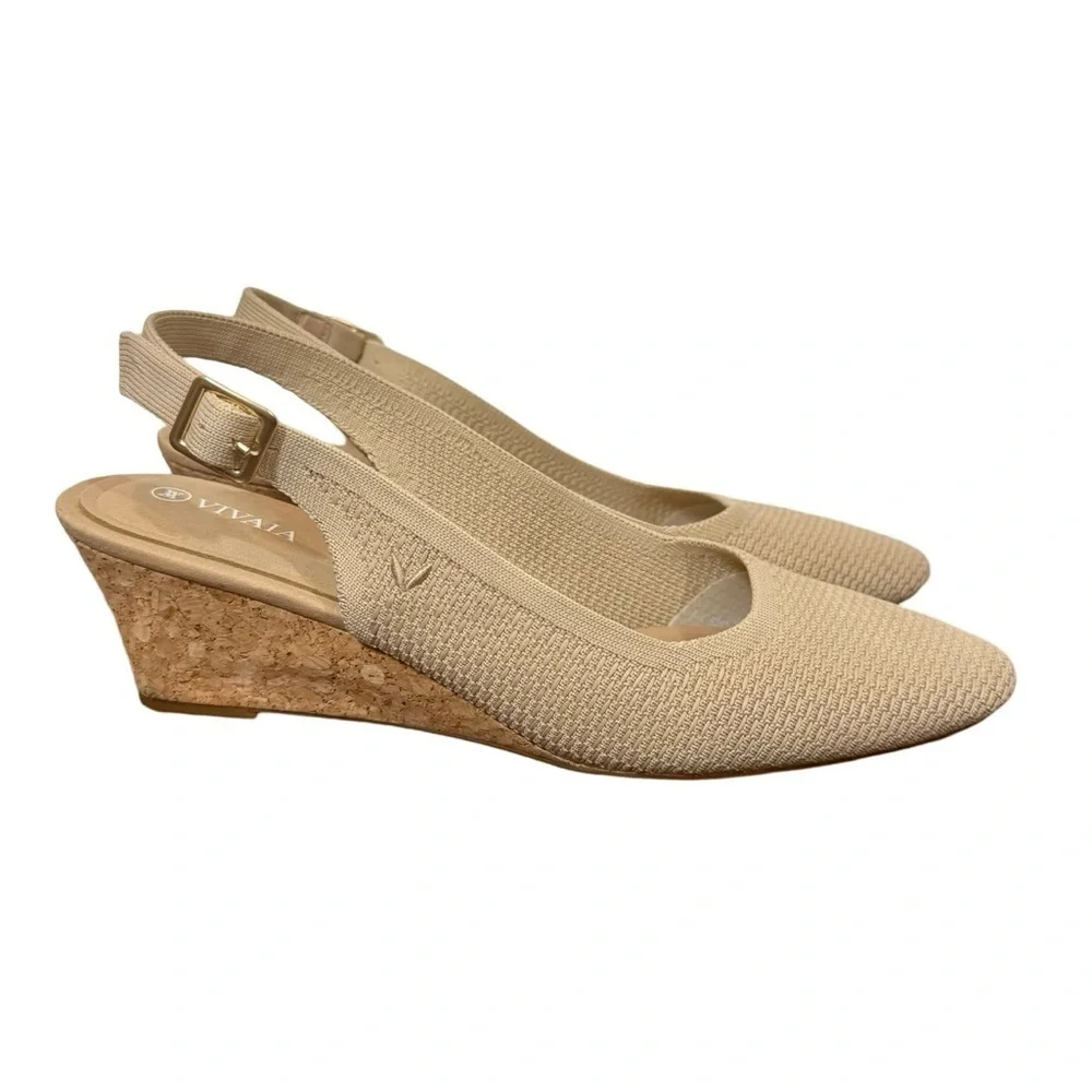 Vivaia Almond Toe Beige Slingback Wedge Tamia in Almond Crochet-Still Full Price